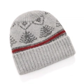 Gray Fair Isle knit beanie with red stripe and winter tree pattern earflap style - Light Grey Hat