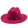 Close-up of hot pink wool fedora hat featuring a leopard print band and gold metal buckle - M(56-58cm) / Rose Red