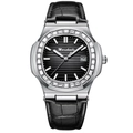 Luxury square men's watch with silver gem-set bezel and black alligator leather strap - Black Leather Black Face