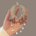Fermaglio per capelli dorato con strass brillanti ed eleganti nappe di perle - J22 Foglia di Diamante Pieno Nappa Molletta a Griffe