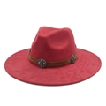 Red suede fedora hat with brown leather band and turquoise studs in western style - M (56-59cm) / Burgundy
