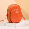 Orange round crossbody bag with faux crocodile leather texture and double zippers - Tan