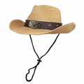 Retro straw cowboy hat with leather band, metal bull head buckle and chin strap - M (56-58cm) / Khaki