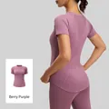 Short sleeve yoga shirt in berry purple with breathable mesh back and quick-dry fabric - S / Tops / Berry Purple