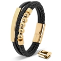 Men's double-layer black braided leather bracelet with gold metal beads and magnetic clasp - Three-layer Curved Tube Steel Bead / Gold