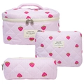 Three-piece set of pink striped quilted cotton makeup bags with red strawberry patterns - Strawberry With Vertical Stripes