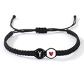 Handmade black woven bracelet with white letter Y and red heart bead detail - Letter Y-White Red Heart