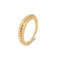 Golden croissant-style ring with horizontal texture on a minimalist white background - Irregular Fine Thread Style