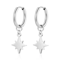 Macro shot of silver-toned hoop earrings with polished eight-pointed star charms on white background - Star (MS-693) / Steel
