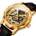 Forsining men's skeleton mechanical watch with gold polygonal case and silicone strap - Gold Case Black Dial