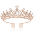 Macro detail of rose gold bridal crown with pear-cut crystals and side hair combs - With Combs / Rose Gold White Rhinestones