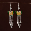 Ethnic style silver butterfly earrings with pink and yellow enamel and long tassels - Enamel Painted Butterfly Multi-chain Style (E5676)