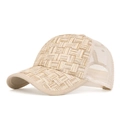 Two-tone straw baseball cap featuring natural woven brim and beige breathable mesh back - Natural Color Straw Patchwork Off White Mesh Style / Off White