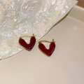 Chic red enamel heart stud earrings with gold plating on a textured beige background - Heart Shape Enamel Hoop