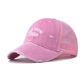 Detail of pink distressed trucker hat with white Shit Show Supervisor embroidery - Adjustable / Pink