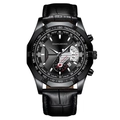 Men's business chronograph watch with black leather strap and tachymeter dial - Black Case Black Dial Black Strap