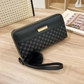 Black dual-zipper long wallet with geometric patterns and faux fur pompom charm - Black