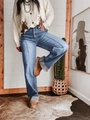 Blaue Retro-Jeans mit hoher Taille, weitem Bein, Längsnähten und breitem Umschlag - S / Hellblau