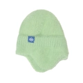Detail of light green plush knit beanie featuring a blue snowflake tag and ear protection - M / Green