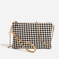 Houndstooth woven crossbody bag with gold chain strap and camel leather wristlet - Black with Chain