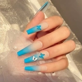 Uñas postizas mate de mariposa azul con diseño degradado y forma de ataúd largo de mujer - CBLCY-06 (Tipo de pegamento de gelatina)