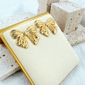 Elegant gold bow earrings with metal texture on beige velvet stand and stone - Glossy Pleated Style / Gold-Convex Bow