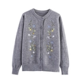 Gilet tricoté gris pour femme avec col rond et broderies florales élégantes - S / Gris