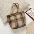Plaid woolen handbag in brown and beige with metallic snap button and dual handles - Light Apricot Large Plaid Woolen
