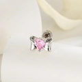 Pendiente de plata con lazo, circón rosa en forma de corazón y cierre de tornillo - Rosa (Pieza única)