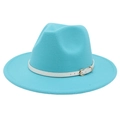 Detail of tiffany blue fedora hat with white faux leather belt and golden buckle trim - M (56-58cm) / Lake Blue (White Belt)