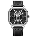 POEDAGAR Men's quartz watch with black octagonal case and leather strap featuring white stitching - Silver Case Black Dial Leather Strap
