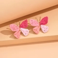 Pink gradient woven raffia butterfly earrings with gold metal base on elegant stand - Pink
