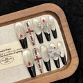 Französische schwarze Katzenauge-Nägel Set mit roten Diamanten und Silberkreuzen - XS / 1474-Slim Coffin