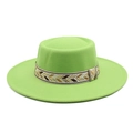 Detailed view of neon green wool felt hat with ethnic geometric patterned ribbon band - M (56-58cm) / Fruit Green
