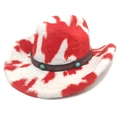 Plush red and white cow print western cowboy hat with turquoise leather band detailing - M (56-58cm) / Straight Crown Red