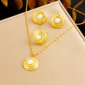 French vintage 18K gold plated stainless steel pearl jewelry set with necklace and earrings - Jewelry Set (N3153 E6184 R498)