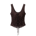 Deep brown y2k ruched camisole top with lace trim and ribbon bow tie-front details - S / Coffee