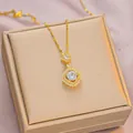Gold titanium necklace with double square pendant and large round zircon stone - 6057 Layered Square Zircon / Gold White Zircon