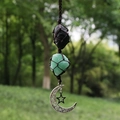 Handmade woven car pendant with natural black and green raw stones and silver crescent star - Black Tourmaline + Green Aventurine (Brown Rope)