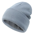 Detail view of the thick gray fleece lining inside this warm knitted winter beanie - Light Gray
