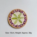 Rattan and purple mosaic shell coaster featuring a green leaf pattern and 10cm diameter - Purple Block Green Flower 10CM