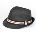 Schwarzer Strohhut Fedora mit gestreiftem Band für Sommerurlaub und Sonnenschutz am Strand - 58cm (Verstellbar) / Schwarz