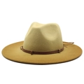 Two-tone wool fedora hat in khaki and caramel with a buckled leather band on white background - M (56-58cm) / Ginger Yellow