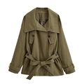 Olive green cropped trench coat with sailor collar and waist belt on white background - XS / Army Green