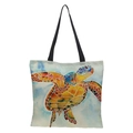 Linen tote bag with 3D sea turtle watercolor print and black shoulder straps - haigui-17 Art Collage Turtle