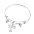 Bracciale regolabile in acciaio argento con ciondolo a croce incisa con rose e cuore - Argento (KB149669-Z)
