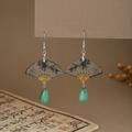 Detail of fan-shaped earring with bamboo pattern and emerald green teardrop bead - E6420 (Silver Fan/Bamboo/Green Drop)