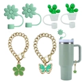 Detail of green butterfly and floral charms with silicone straw covers for tumblers - Green Series Cactus Butterfly Set