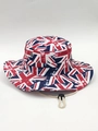 Detail of outdoor sun hat with Union Jack print, metal vents, and adjustable wind cord - Beige Grid British Flag
