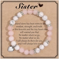 Pink and white natural stone beaded bracelet with silver heart charm on a gift card - Pink White + To My Sister Card